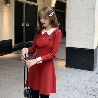 Color Block Lapel Knit Long-sleeve Dress