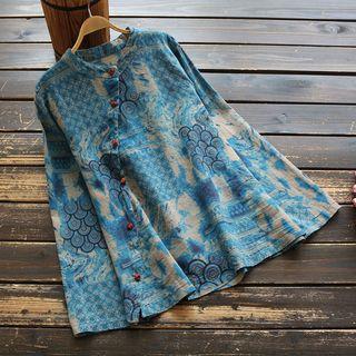 Long-sleeve Floral Asymmetric Buttoned Top