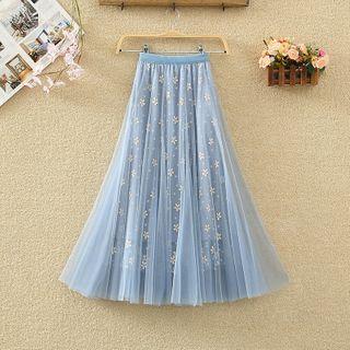 Floral Print Maxi A-line Mesh Skirt
