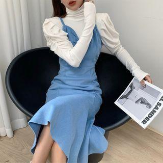 Long-sleeve Turtleneck Top / Spaghetti Strap A-line Dress