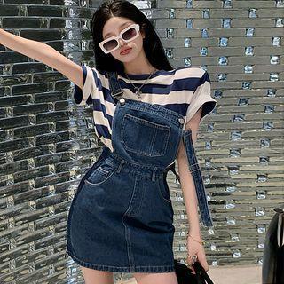 Striped T-shirt / Denim Mini Overall Dress