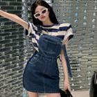 Striped T-shirt / Denim Mini Overall Dress
