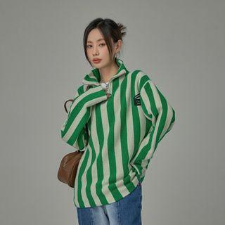 [no One Else] Zip-neck Stripe Sweater Green - One Size