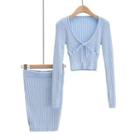 Set: Long-sleeve V-neck Slim-fit Knit Top + Slim-fit Knit Skirt