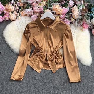 Shirred Long-sleeve Collared Zip Top