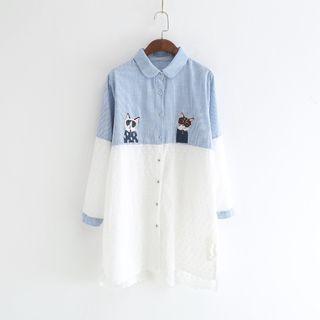 Cat Embroidered Striped Panel Long Shirt