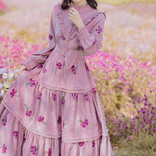 Long-sleeve Flower Print Corduroy Maxi A-line Dress