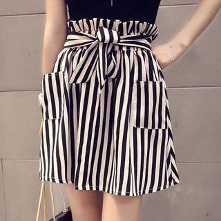 Set: Short-sleeve Knit Top + Striped A-line Skirt With Sash