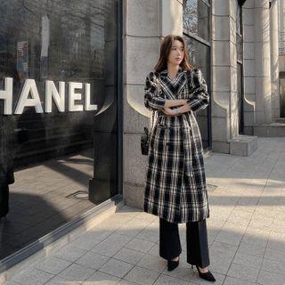 Double-breasted Fleece-lined Plaid Coat With Sash