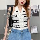 Sleeveless Heart Print Collared Knit Top Black & White - One Size