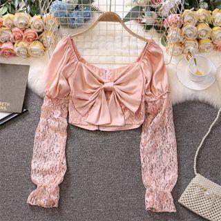 Bow Lace Panel Cropped Blouse