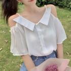Cold-shoulder Peter Pan Collar Top White - One Size