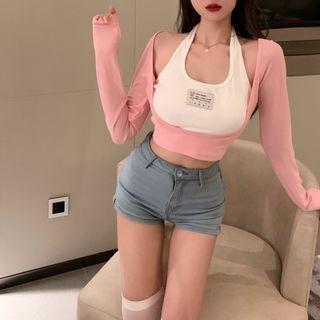 Long-sleeve Mock Two-piece Cropped T-shirt Pink - One Size