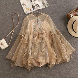 Set: Bell-sleeve Dotted A-line Mesh Dress + Slipdress