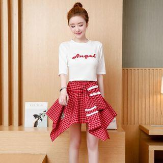 Set: Elbow-sleeve Embroidered T-shirt + Plaid Asymmetric Mini Skirt