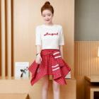 Set: Elbow-sleeve Embroidered T-shirt + Plaid Asymmetric Mini Skirt
