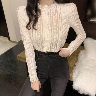 Long-sleeve Lace Ruffled Plain Top Almond - One Size