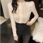 Long-sleeve Lace Ruffled Plain Top Almond - One Size