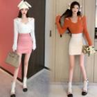 Cold-shoulder Knit Top / Faux Leather Mini Skirt