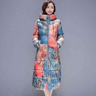 Long Print Zip Hooded Padded Coat