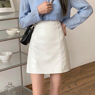 High Waist Plain Faux Leather A-line Skirt