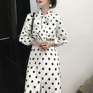 3/4-sleeve Tie-neck Dotted Midi A-line Dress White - One Size