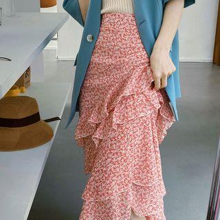 Floral Print Layered Slit Midi A-line Skirt