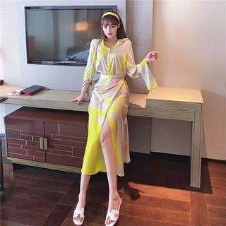 Long Sleeve Satin Print Shirt / Maxi Wrapped Skirt