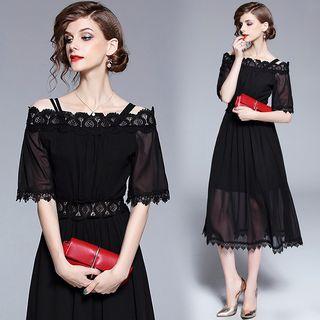 Lace Trim Off-shoulder Elbow-sleeve Dress