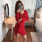 Ruffle Buttoned Long-sleeve Knit Sheath Dress