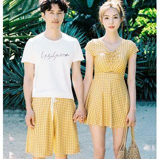 Couple Matching Short-sleeve Plaid Swim Dress / Beach Shorts / Set