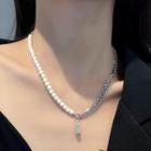 Faux Pearl And Chain Necklace X724 - 1pc - Silver - One Size