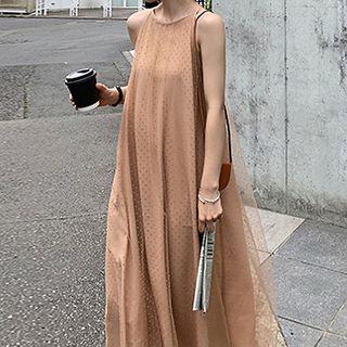 Mesh Panel Halter Midi Dress