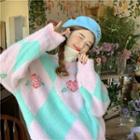 Long-sleeve Floral Embroidered Argyle Sweater Pink & Blue - One Size