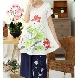 Short-sleeve Frog Button Printed Top