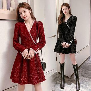Glitter Ruffled Long-sleeve A-line Mini Dress