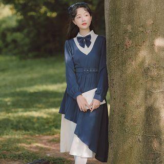 Belted Bow Two-tone Midi A-line Shirtdress
