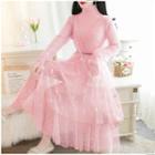 Set: Turtleneck Knit Dress + Lace Ruffled Maxi Dress