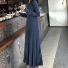 Long-sleeve Plain Knit Pleated Midi Dress