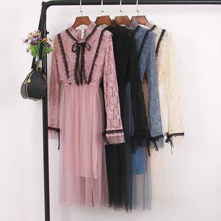 Set: Long-sleeve Midi Mesh Dress + Spaghetti Strap Dress