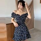 Off-shoulder Drawstring Floral Mini Dress