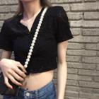 Short-sleeve V-neck Button-up Lace Crop Top Black - One Size
