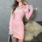 Long-sleeve Lace Trim Cut-out Mini Sheath Dress