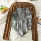 Patchwork Chain-accent Houndstooth Knit Top