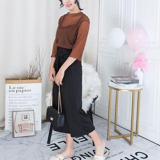 Set: Plain 3/4-sleeve Top + Cropped Wide-leg Pants