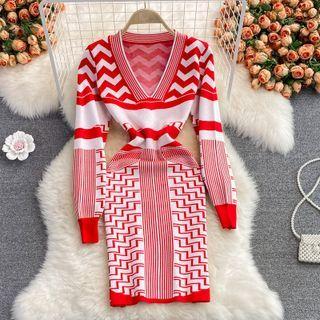V-neck Geometric Print Sheath Dress