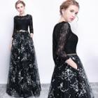3/4 Sleeve Lace Panel Floral Print Evening Dress