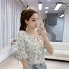 Elbow-sleeve Floral Ruffled Blouse
