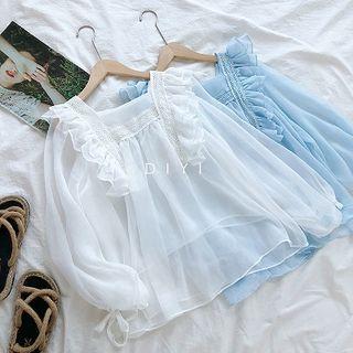 Square-neck Lace Panel Ruffled-trim Top