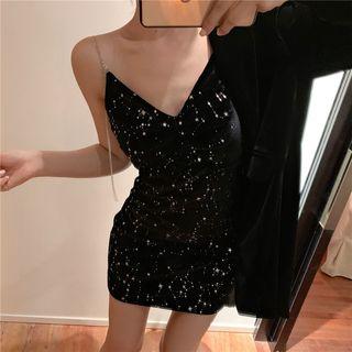 Spaghetti Strap Sequined Mini Velvet Dress